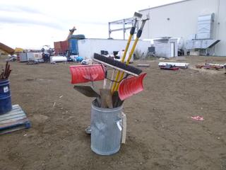 Assorted Shop Tools/Equipment inside Steel Garbage Can: Shop Brooms, Snow Shovels, Ext. Rods, Bolt Cutters, etc. (Row 5)