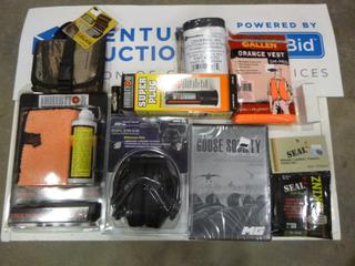 (1) Benchmaster Rifleman PXS Model RF-PXS, Passive Hearing Protection, (1) The  Goose Society DVD SKU 70754120199, (1) Seal 1 Skinz 12-16 Gauge Pre-Saturated Bore Cleaning Patches 25 Pack, (1) Allen Orange Vest Youth Chest Size 26 In. - 36 In., Part 15751, (1) Kleen Bore Universal Jag and Cotton Patch Strips In Handy Dispenser, (1) Belt Clip, (1) Inhibitor V80 Package, includes Oil with Cloth, (1) Inhibitor VCI Corrosion Protection Super Plug, and (1) Allen Ammo Pouch SKU 02129100689 (Upstairs)