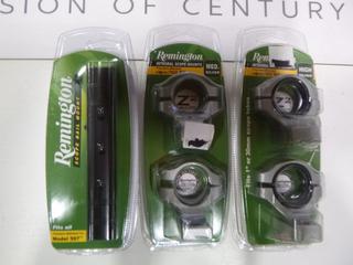 (1) Remington Rifle 783 Integral Scope Mounts (High) Fits 1 In. or 30 mm Tube - Silver, (1) Remington Rifle 783 Integral Scope Mounts (Medium) Fits 1 In. Scope Tube - Silver, and (1) Remington Model 597 .22 LR and Magnum 1-Piece Mounting Rail Matte Black (Upstairs)