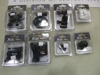 Qty of Assorted Spy Point XCEL Camera Items: (1)  Anti-Fog Inserts, Model XHD-FOG, (1) Sling Stud Mount, Model XHD-SSM, (1) USB Power Adapter, Model XHD-A, (1) Vented Helmet Mount, Model XHD-VHM, (1) Dual Battery Charger, Model XHD-CHG, (1) Suction Mount, Model XHD-SM, (1) Ball Joint Mount and Low Quick Release Stand Kit, Model XHD-BJM, and (1) Decoy Mount Model XHD-DM (Upstairs)