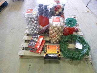 Lot of Assorted Christmas Decorations: Tree Bottom Hider, Wreath Bag, Bulbs, Tree Toppers, LED Candle, Wreath, Light Clips (CRIB)