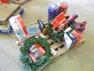 Lot of Assorted Christmas Decorations: Window Projector, Wreaths, Bulbs, Tree Toppers, Light Clips, Wreath Bag (CRIB)