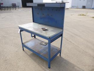 47 1/2in X 24in X 60in Metal Bench Frame C/w Plywood Shelves And Backing, Metal Shelf Cover And ITC Magnetic Tray