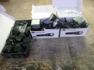 Qty Of Streamlight Flashlight Chargers C/w Wall Cord, Lighter Adapter Cords And (2) Parts Only Flashlights