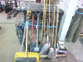 Qty Of (4) Snow Shovels C/w (3) Aluminum Shovels, (3) Shop Brooms, Squeegee, Paint Roller, Pitch Fork And Rake