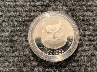 2000 Canada Fifty Cent Silver "Great Horned Owl" Coin.