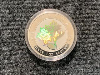 2003 Canada Five Dollar One Ounce .9999 Fine Silver "Maple Leaf" Holographic Coin.