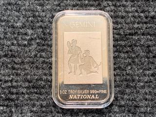 National One Troy Ounce .999 Fine Silver "Gemini" Bar.