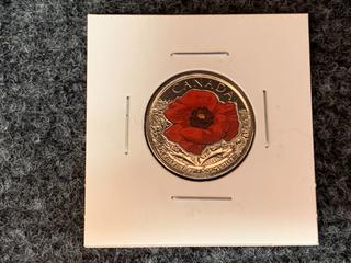 2015 Canada Twenty Five Cent "Remembrance" Colour Printed Coin.