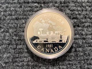 1981 Canada Commemorative Trans-Canada Railway Centennial Silver Dollar.