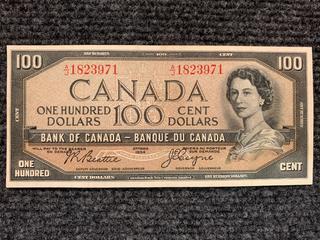 1954 Canada One Hundred Dollar Bank Note, S/N AJ1823971.