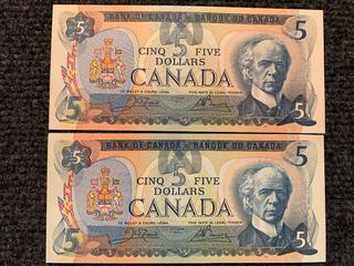 (2) Sequential 1979 Canada Five Dollar Bills, S/N 30543064154, 30543064155