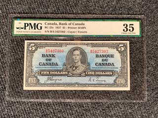 1937 Canada Five Dollar Bank Note, S/N BS5427303 (PMG Rated 35)