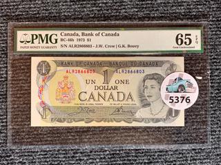 1973 Canada One Dollar Bank Note, S/N ALR2866803 (PMG Rated 65).