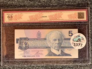 1986 Canada Five Dollar Bank Note, S/N EOT9652093 (BCS Rated 63).