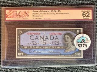 1954 Canada Five Dollar Replacement Bank Note, S/N *RC0071882 (BCS Rated 62)