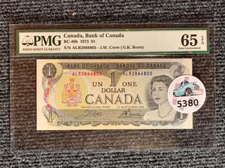 1973 Canada One Dollar Bank Note, S/N ALR2866805 (PMG Rated 65).