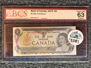 1973 Canada One Dollar Bank Note, S/N AMY7464743 (BCS Rated 63).