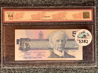 1986 Canada Five Dollar Bank Note, S/N EOT9652090 (BCS Rated 64).