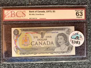 1973 Canada One Dollar Bank Note, S/N AMY7464744 (BCS Rated 63).