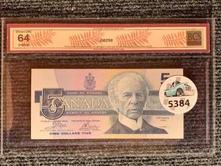 1986 Canada Five Dollar Bank Note, S/N EOT9652091 (BCS Rated 64).