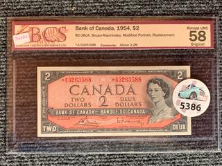 1954 Canada Two Dollar Replacement Bank Note, S/N *AG3263588 (BCS Rated 58)