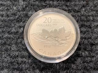 2012 Canada Twenty Dollar .9999 Fine Silver "Maple Leaves" Coin.