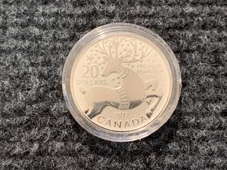 2012 Canada Twenty Dollar .9999 Fine Silver "Reindeer" Coin.