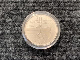 2011 Canada Twenty Dollar .9999 Fine Silver "Canoe" Coin.