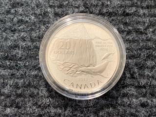 2012 Canada Twenty Dollar .9999 Fine Silver "Iceberg and Whale" Coin.