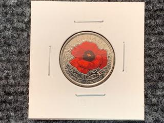 2015 Canada Twenty Five Cent "Remembrance" Colour Printed Coin.