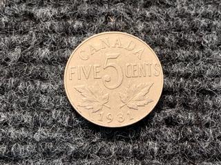 1931 Canada Five Cent Coin.