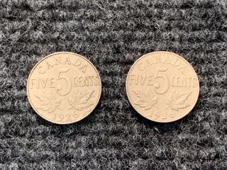 (2) 1926 Canada Five Cent Coins.