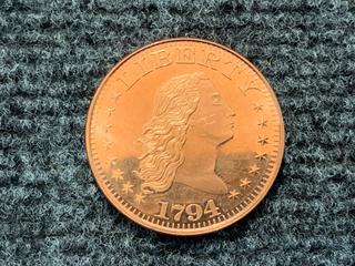 USA One AVDP Ounce .999 Fine Copper "1794 Liberty" Coin.