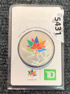 2017 TD One Troy Ounce .999 Fine Silver "Canada 150" Coin.