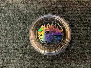 2002 Canada Five Dollar One Ounce .9999 Fine Silver "Anniversary Loon" Holographic Coin c/w Display Case.