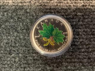 2002 Canada Five Dollar One Ounce .9999 Fine Silver "Maple Leaf" Colour Printed Coin c/w Display Case.