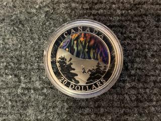 2004 Canada Twenty Dollar One Ounce .9999 Fine Silver "Aurora Borealis" Holographic Coin c/w Display Case.