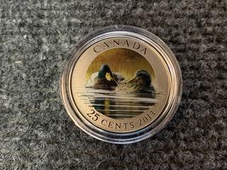 2013 Canada Twenty Five Cent "Mallard" Colour Printed Coin c/w Display Case.