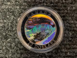 2003 Canada Twenty Dollar One Ounce .9999 Fine Silver "Niagara Falls" Holographic Coin c/w Display Case.