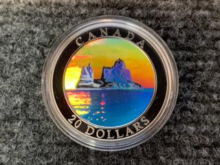 2004 Canada Twenty Dollar One Ounce .9999 Fine Silver "Iceberg" Holographic Coin c/w Display Case.