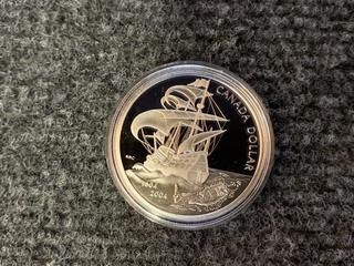 2004 Canada One Dollar .9999 Silver "400th Anniversary - First French Settlement" Proof Coin c/w Display Case.