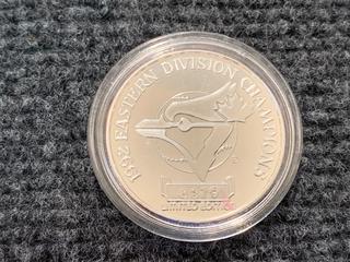 American League One Troy Ounce .999 Fine Silver "1992 Eastern Division Champions" Coin.