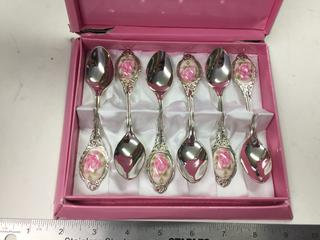 Silver Plated (6) Coffee/Tea Set With Pink Flowers.