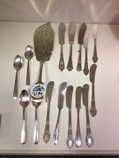 Pie Knife, Assorted Butter Knives & Tea Spoons.