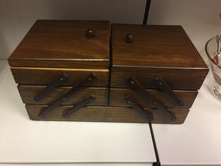 Wooden Box with Sewing Supplies.