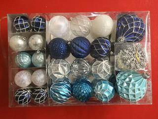 80pc Shatter Resistant Ornaments, Blue/White/Silver.