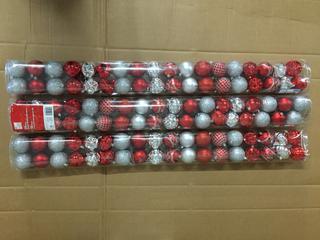 (3) 36pc Shatter Resistant Ornaments, Red/Silver.