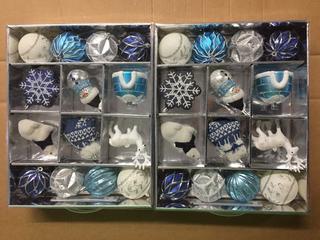 (2) 14pc Shatter Resistant Icon Ornaments, Blue/Silver.