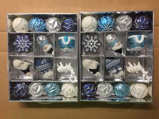 (2) 14pc Shatter Resistant Icon Ornaments, Blue/Silver.